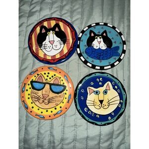 Candace Reiter Catzilla Set: 3 Colorful Vintage Ceramic 4" Coasters Big On Cats